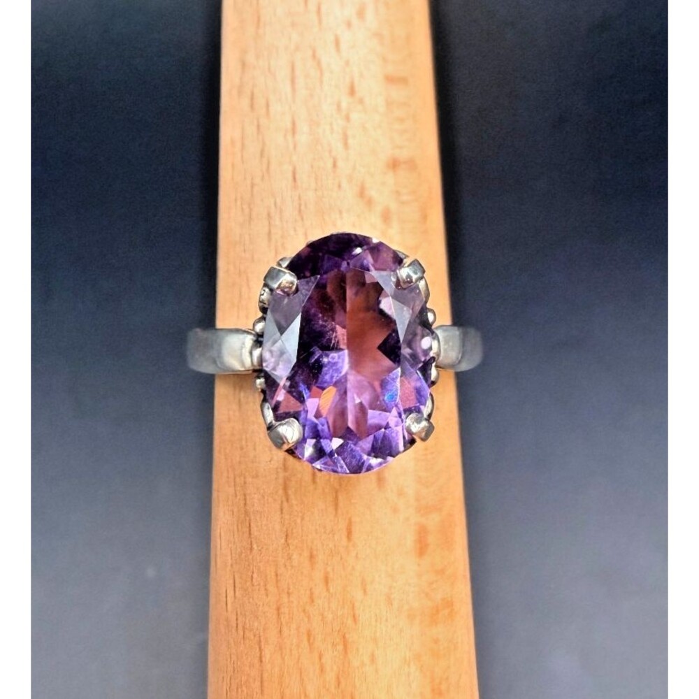 Vintage KARANA Sterling Silver Oval Amethyst Ring Filigree Size 7.75
